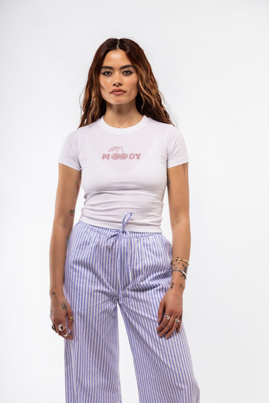 Front view of Moody Cherry rhinestone tee featuring sparkling cherry graphic and bold “Moody” text

