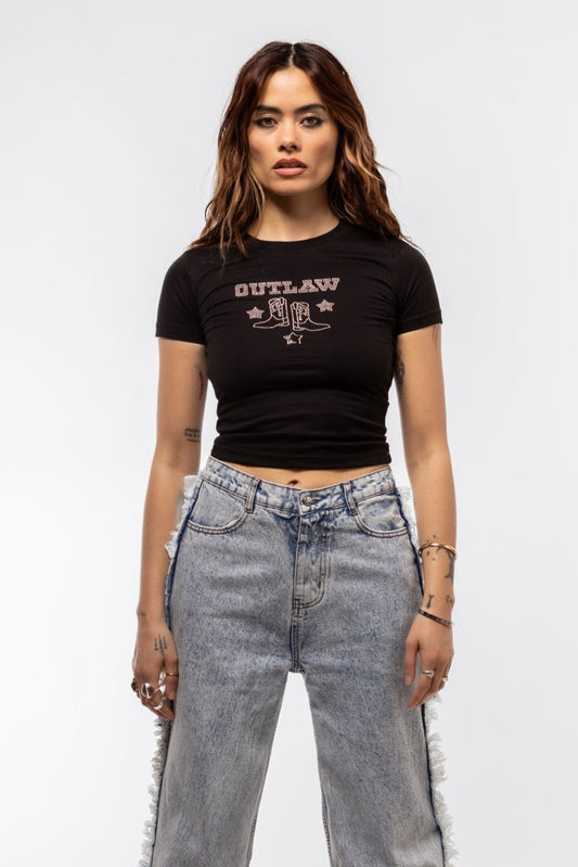 Front view of Outlaw Cowboy Boots rhinestone tee featuring sparkling cowboy boots graphic and bold “Outlaw” text

