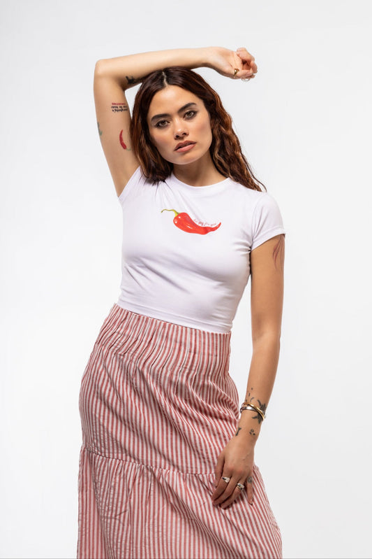 Front view of "Too Spicy For You" graphic tee featuring bold text and a red chili pepper illustration

