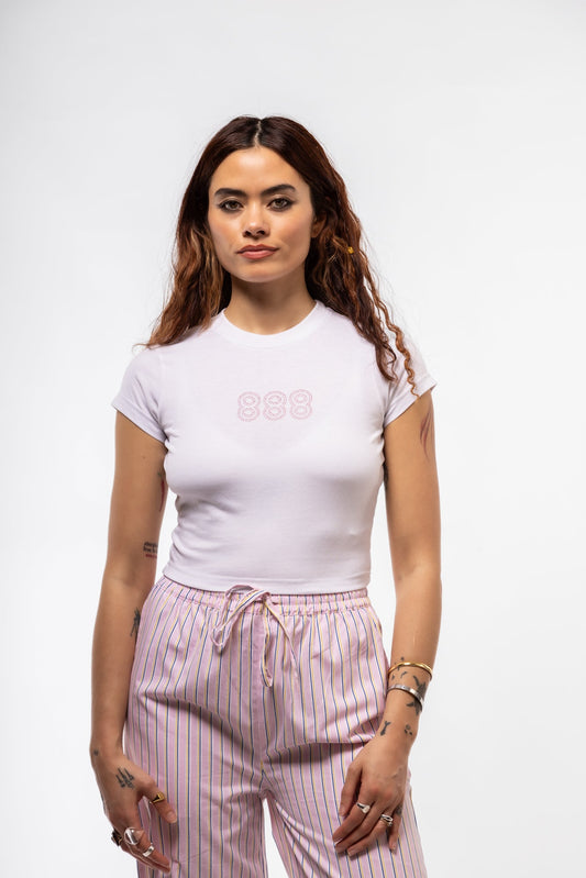 Front view of Triple 8 rhinestone tee featuring sparkling triple eight design and fitted silhouette

