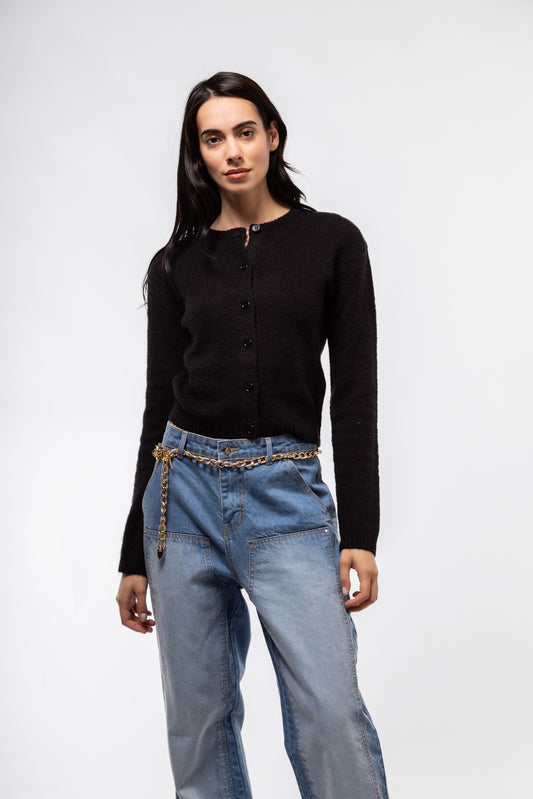 Front view of black crew neck cardigan – classic button-down style

