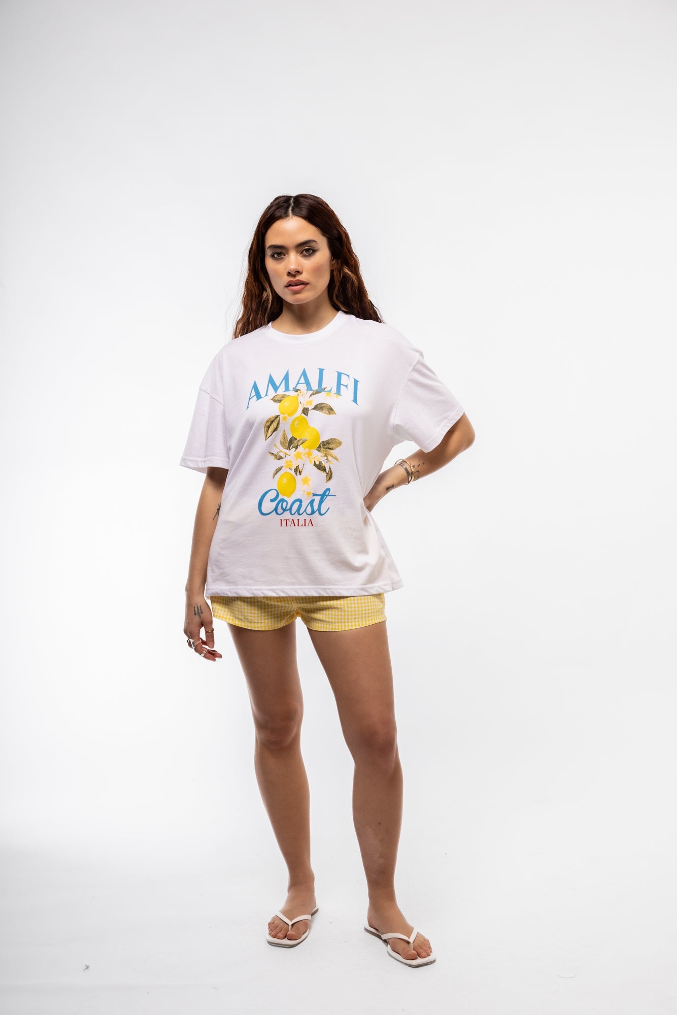 Front view of butter yellow high-waisted shorts – summer essential

