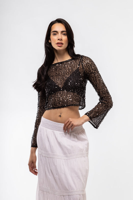 Front view of crochet knitted sequin top – boho glam style

