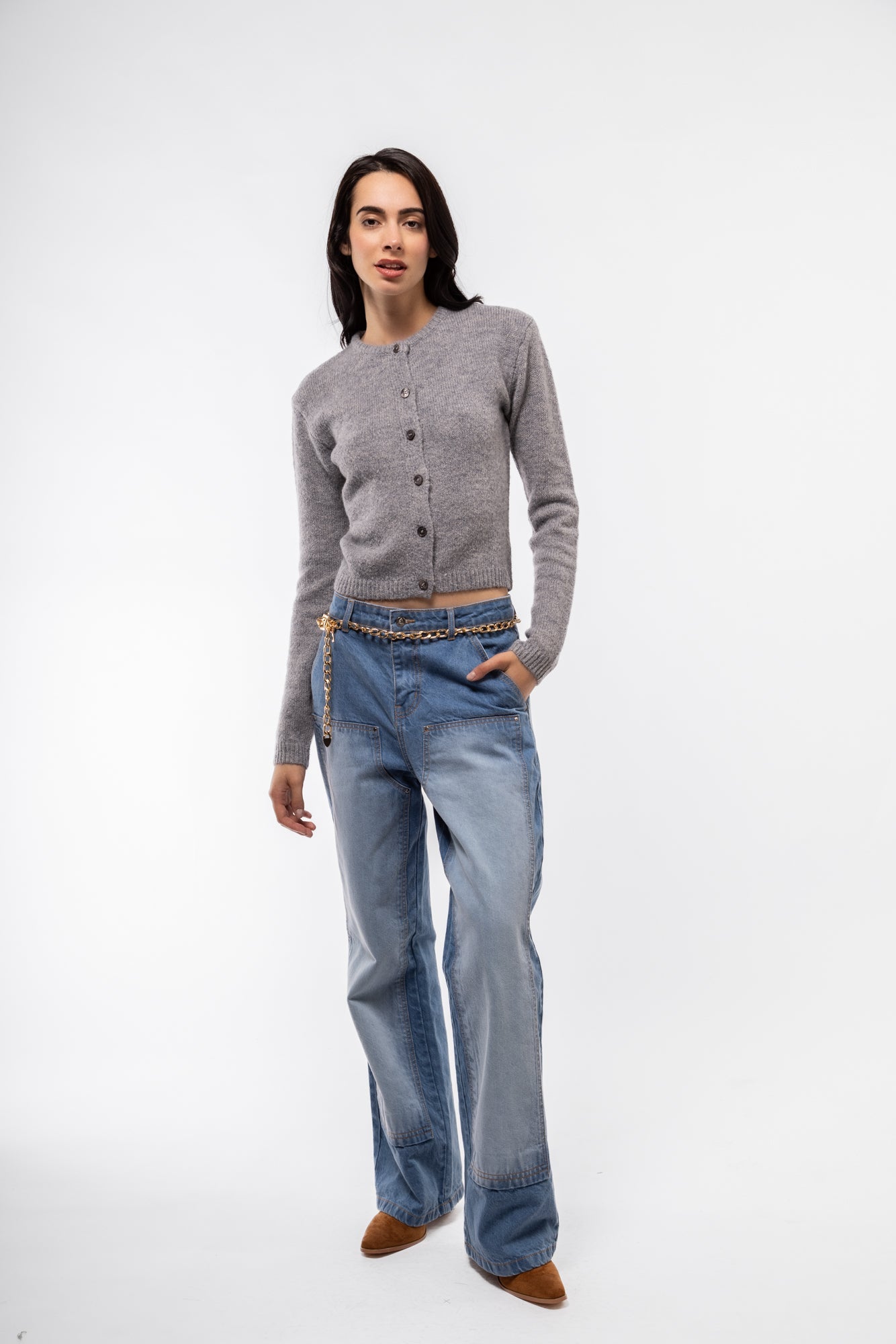 Front view of grey crew neck cardigan – neutral knitwear

