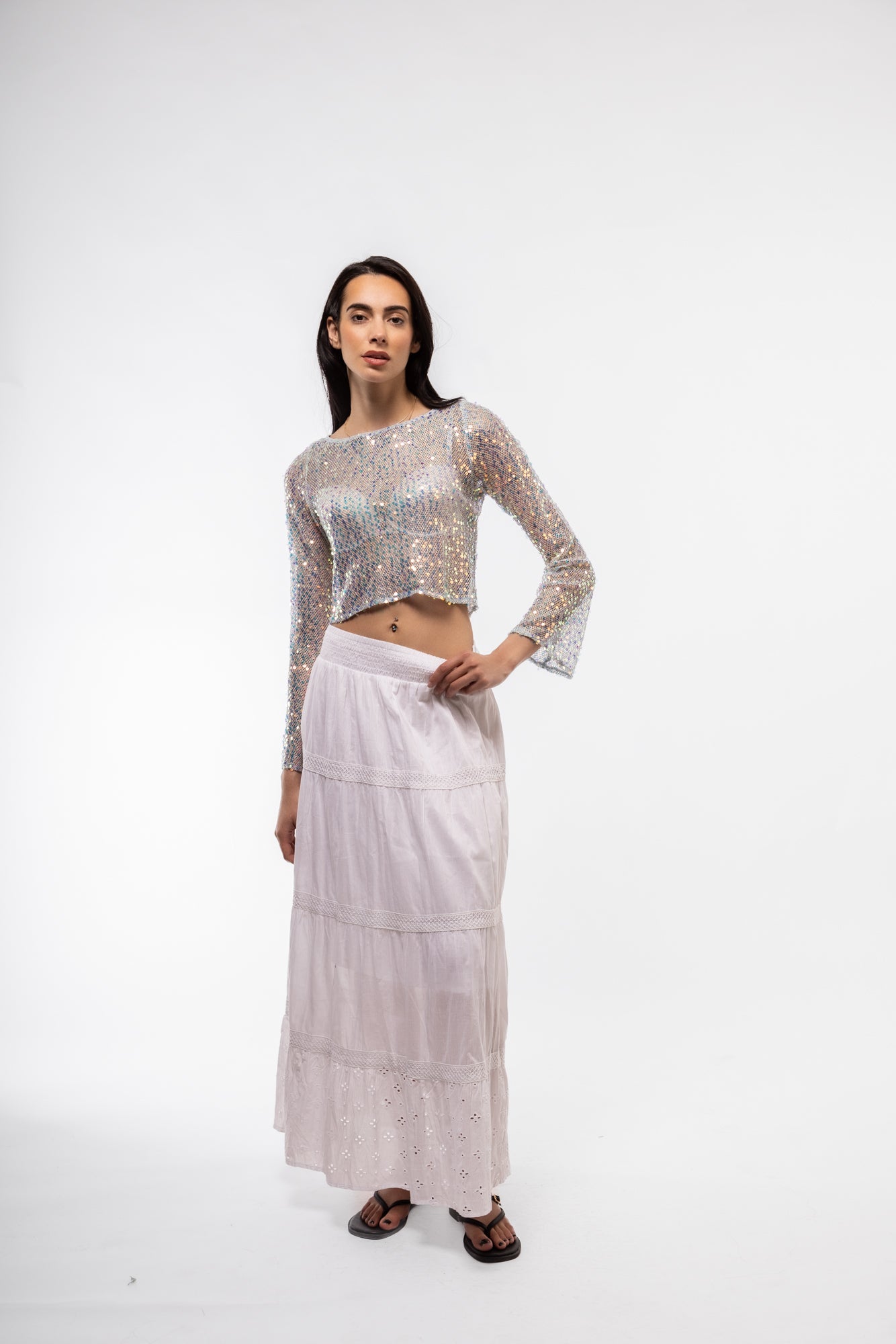 Model  view of crochet knitted sequin top – boho glam style

