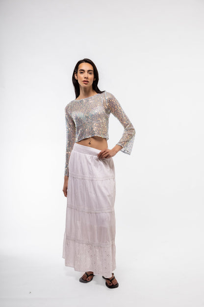 Model  view of crochet knitted sequin top – boho glam style

