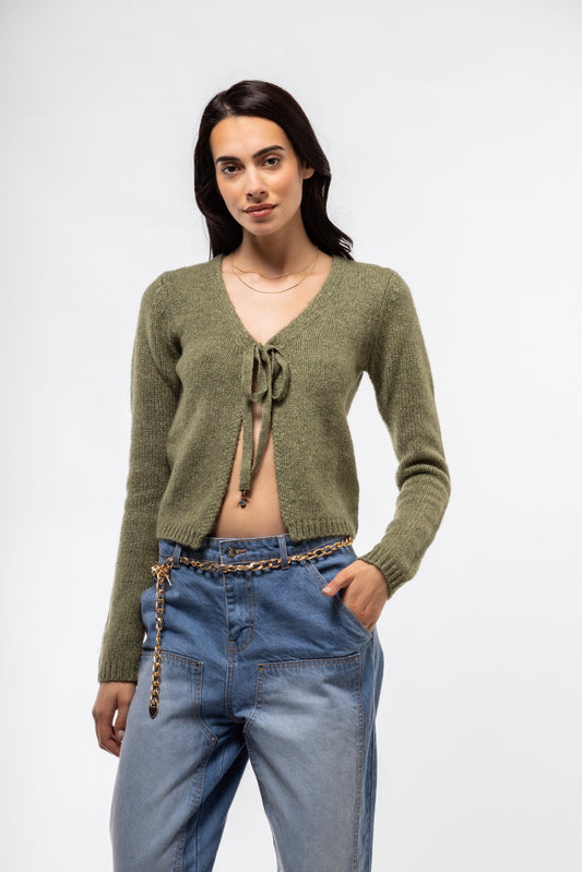Front view of olive tie-front knit cardigan – relaxed fit layering piece

