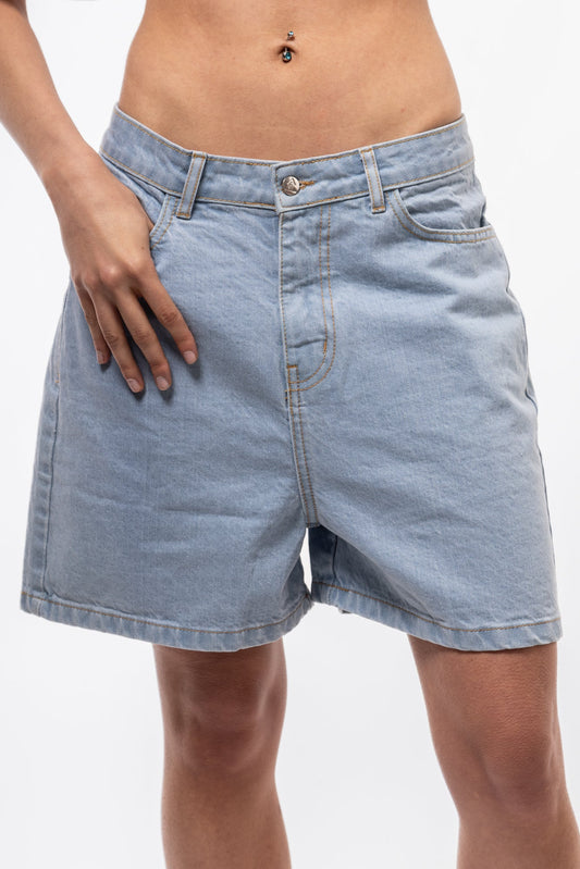 Front view of tA Relaxed Denim Shorts in classic blue wash with a comfortable loose fit