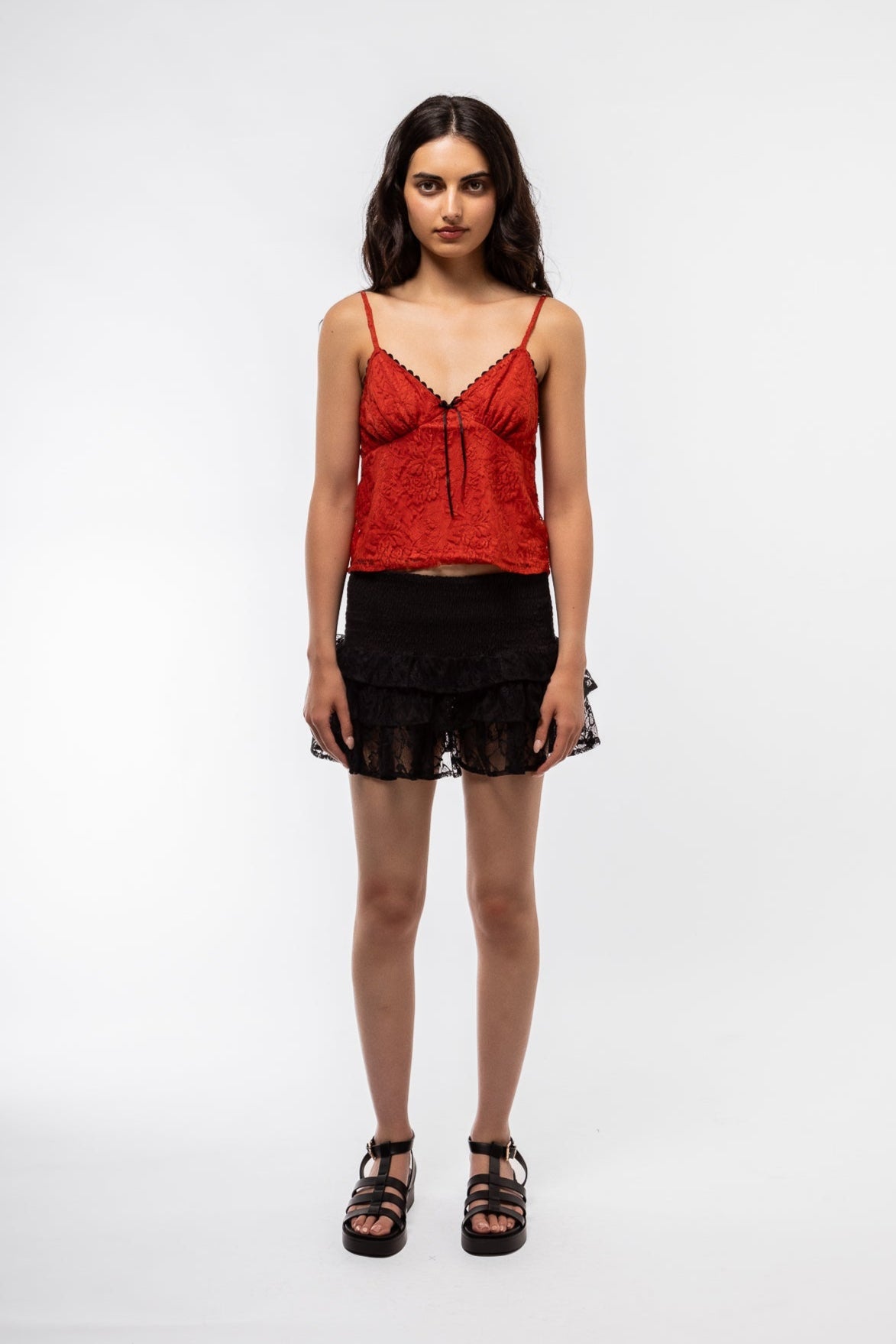 Front view of the red cherry cami top 