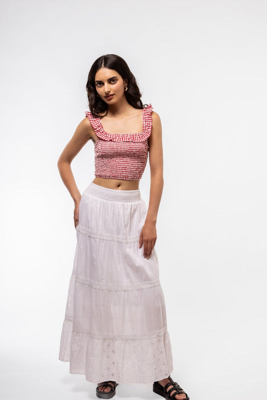 Gingham-style top with ruffle trim – casual front angle

