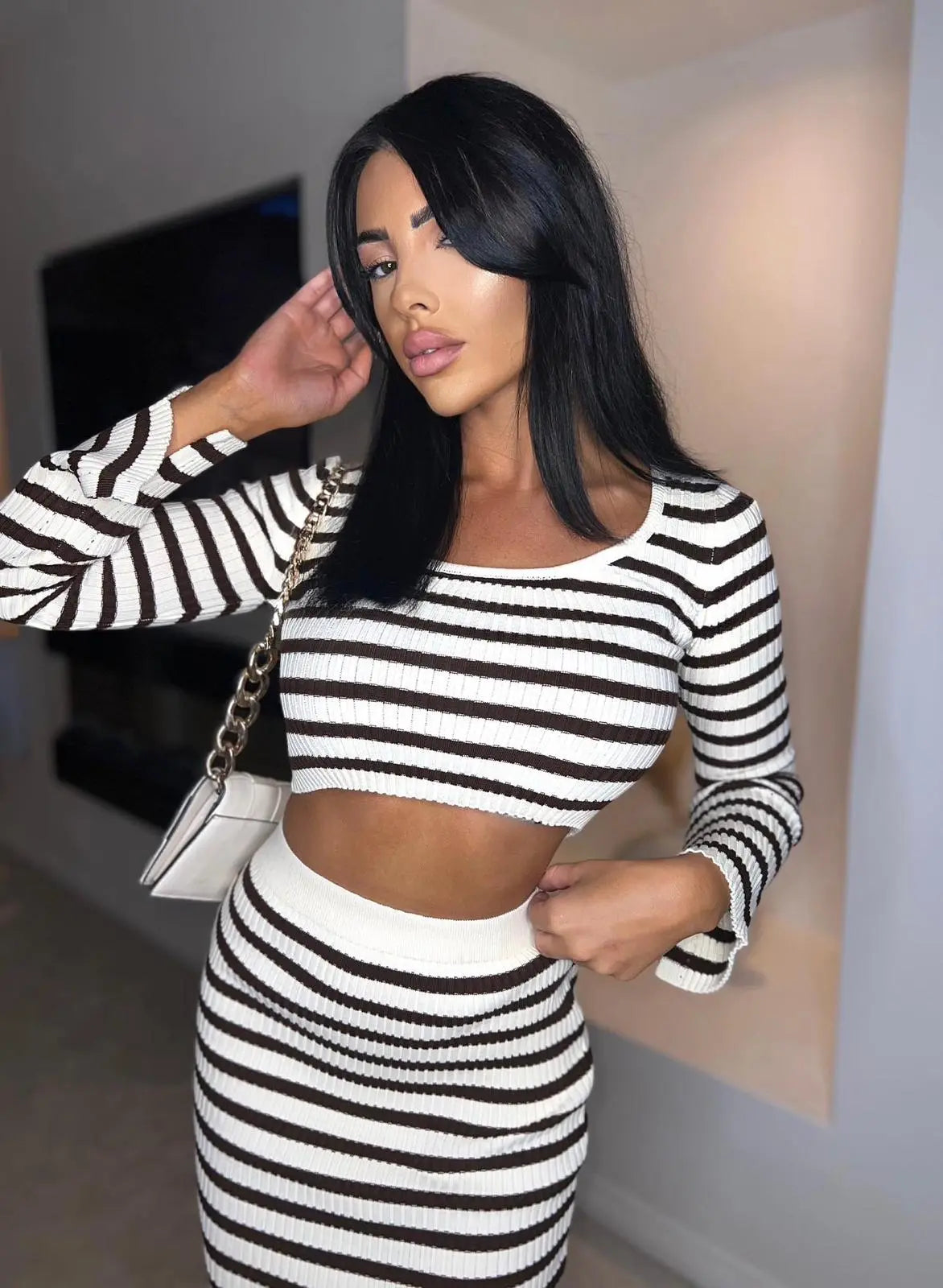 Black Stripe Knitted Scoop Neck Crop Top SILKROAD DAUGHTERS