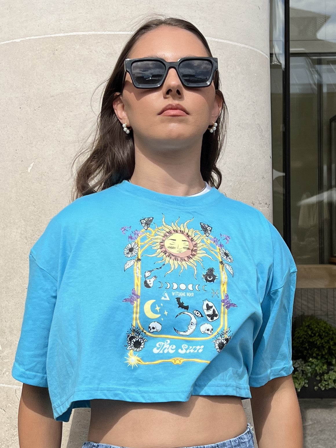 Blue Mystical Sun Printed Drop Shoulder cropped Oversized Tee, SILKROAD DAUGHTERS , Shirts & Tops, Tops