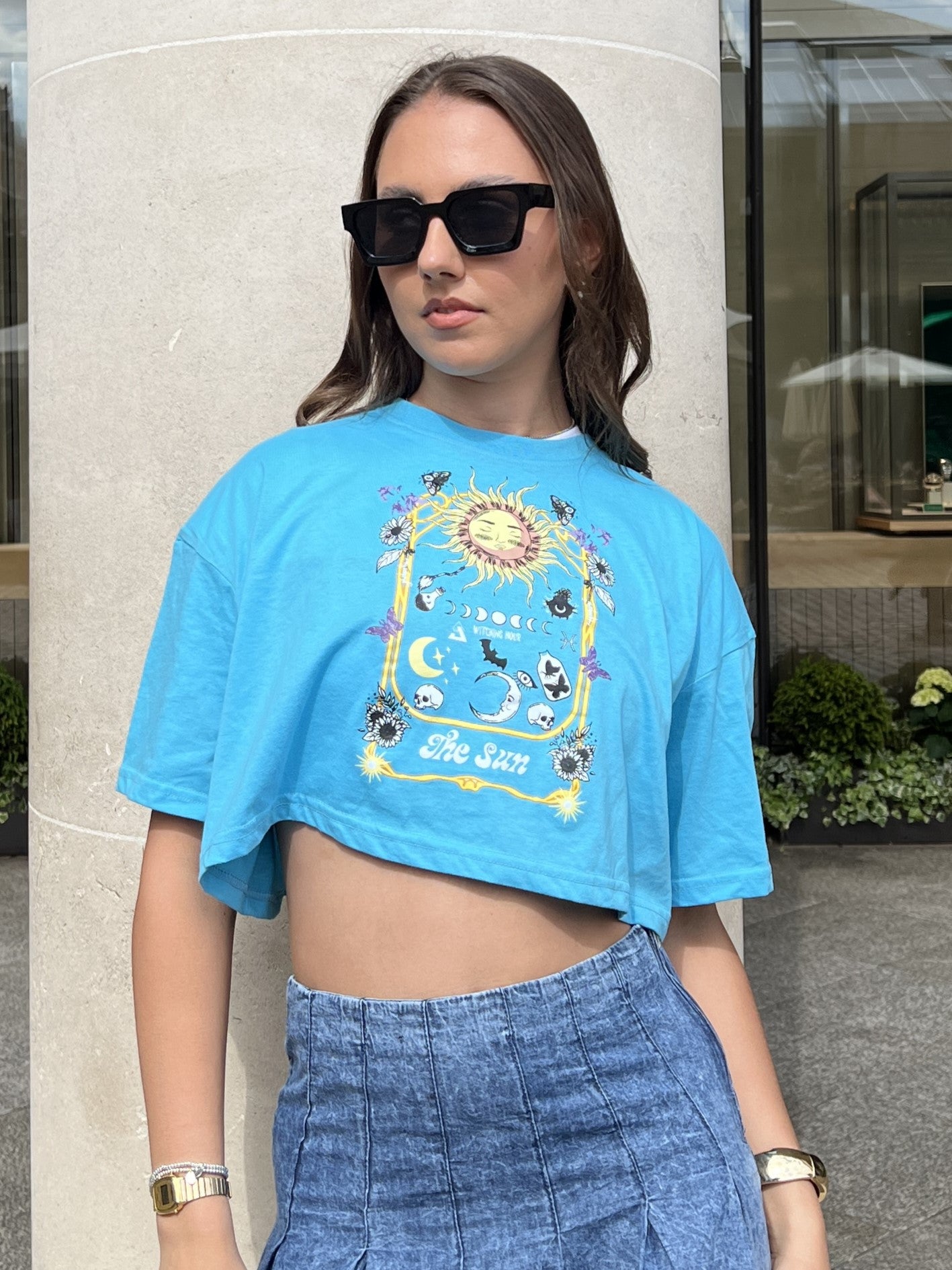 Blue Mystical Sun Printed Drop Shoulder cropped Oversized Tee, SILKROAD DAUGHTERS , Shirts & Tops, Tops