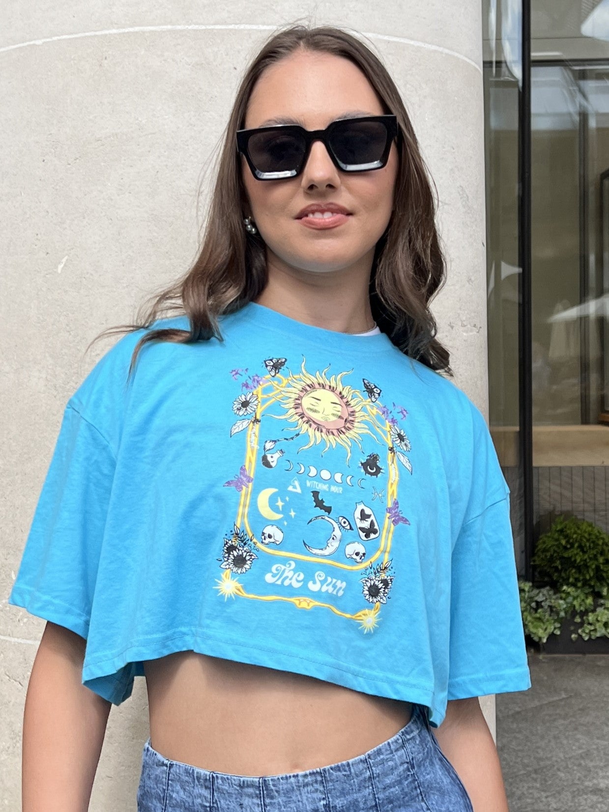 Blue Mystical Sun Printed Drop Shoulder cropped Oversized Tee, SILKROAD DAUGHTERS , Shirts & Tops, Tops