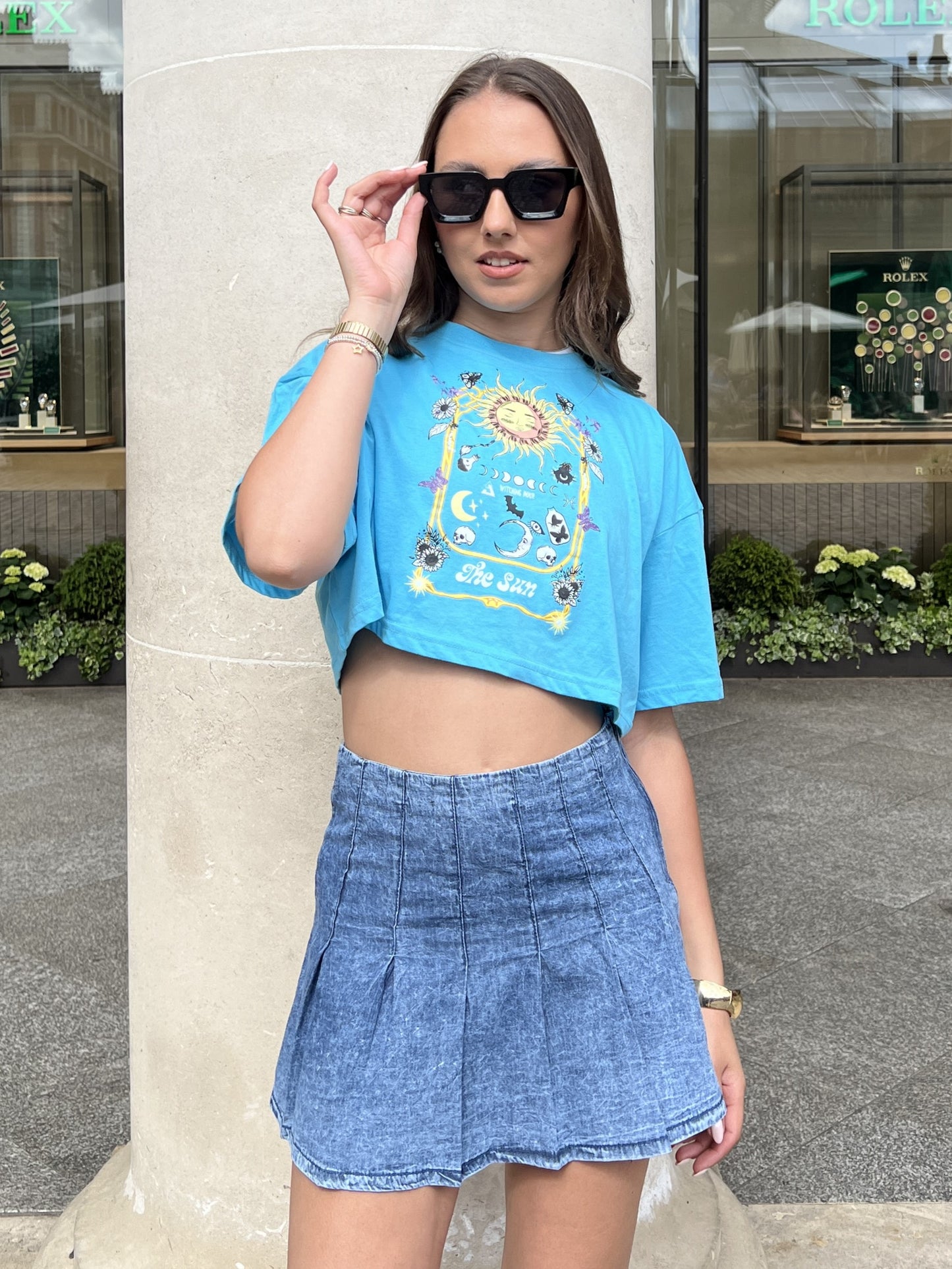 Blue Mystical Sun Printed Drop Shoulder cropped Oversized Tee, SILKROAD DAUGHTERS , Shirts & Tops, Tops