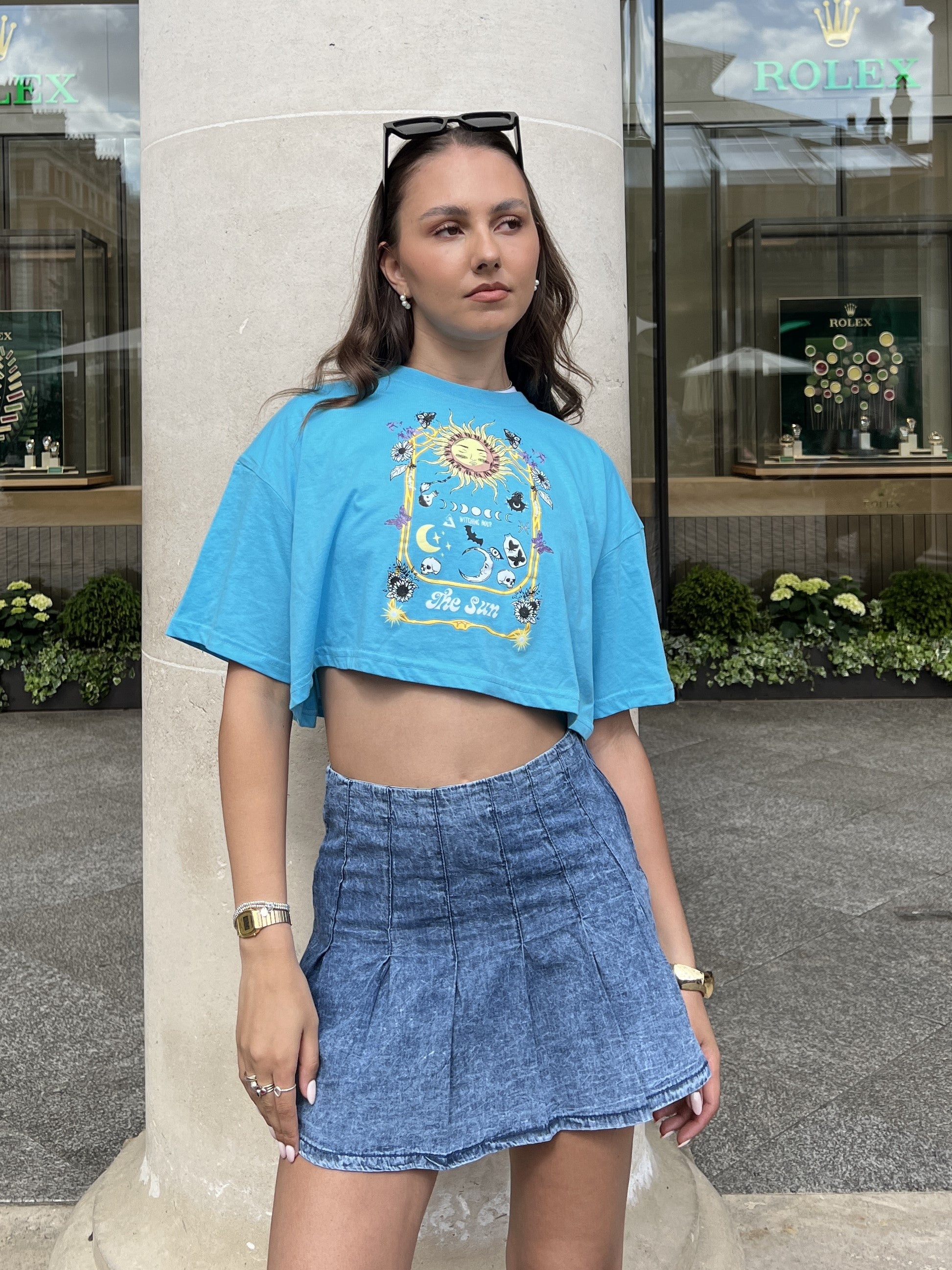 Blue Mystical Sun Printed Drop Shoulder cropped Oversized Tee, SILKROAD DAUGHTERS , Shirts & Tops, Tops