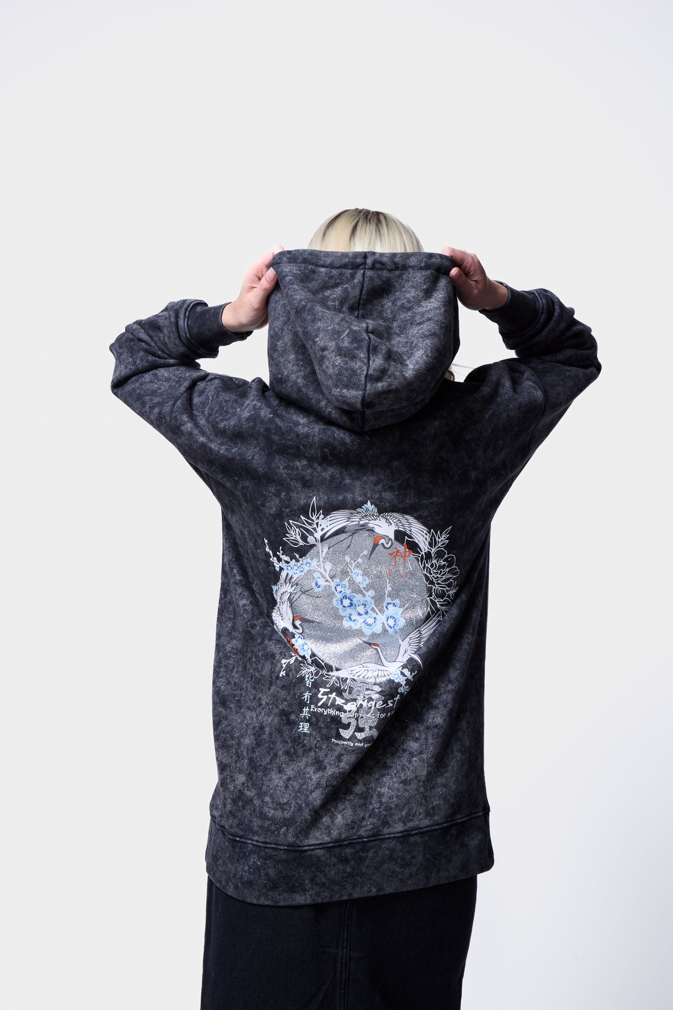 Moonlight Glitter Crane Birds Acid Wash Pullover Hoodie SILKROAD DAUGHTERS