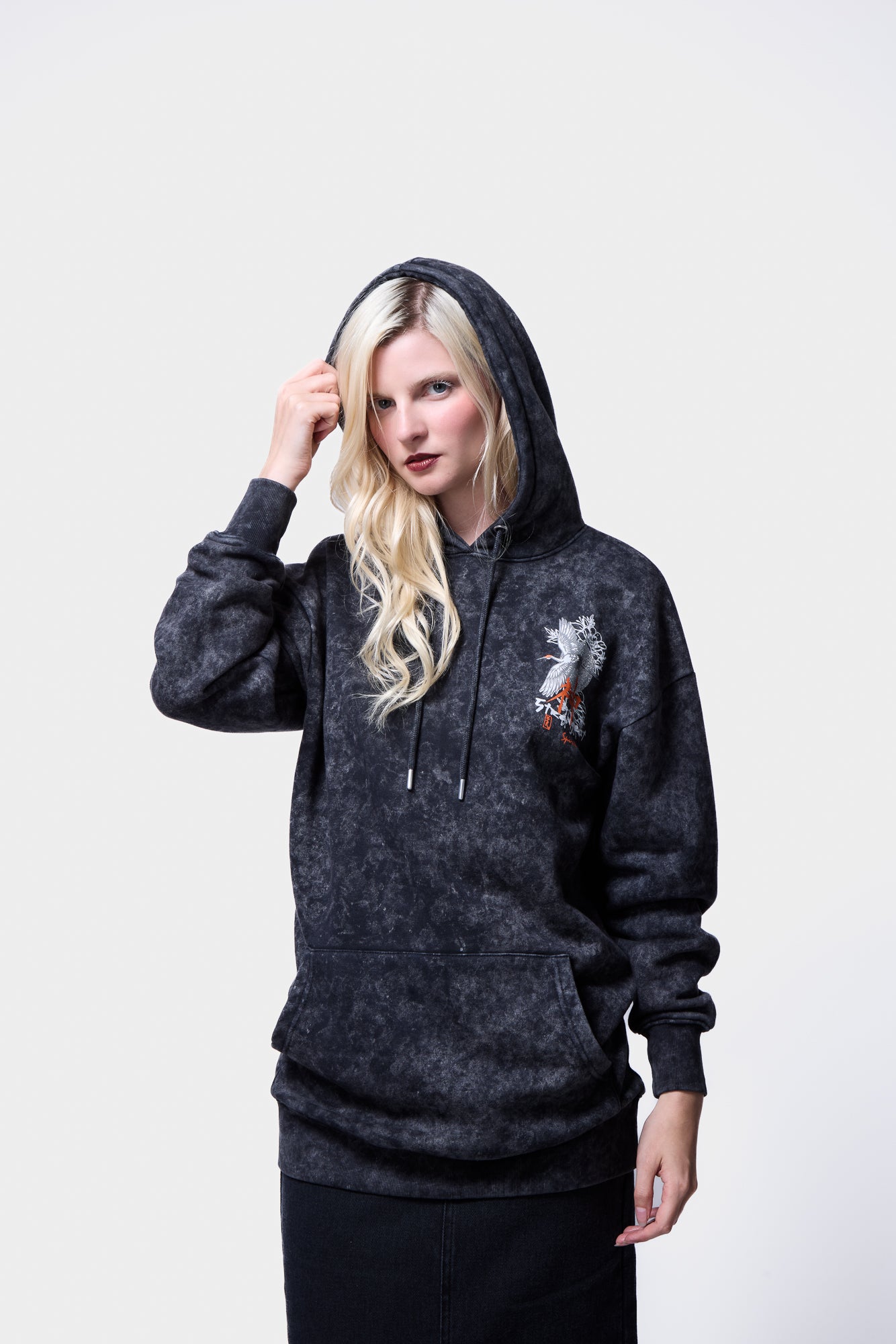 Moonlight Glitter Crane Birds Acid Wash Pullover Hoodie SILKROAD DAUGHTERS