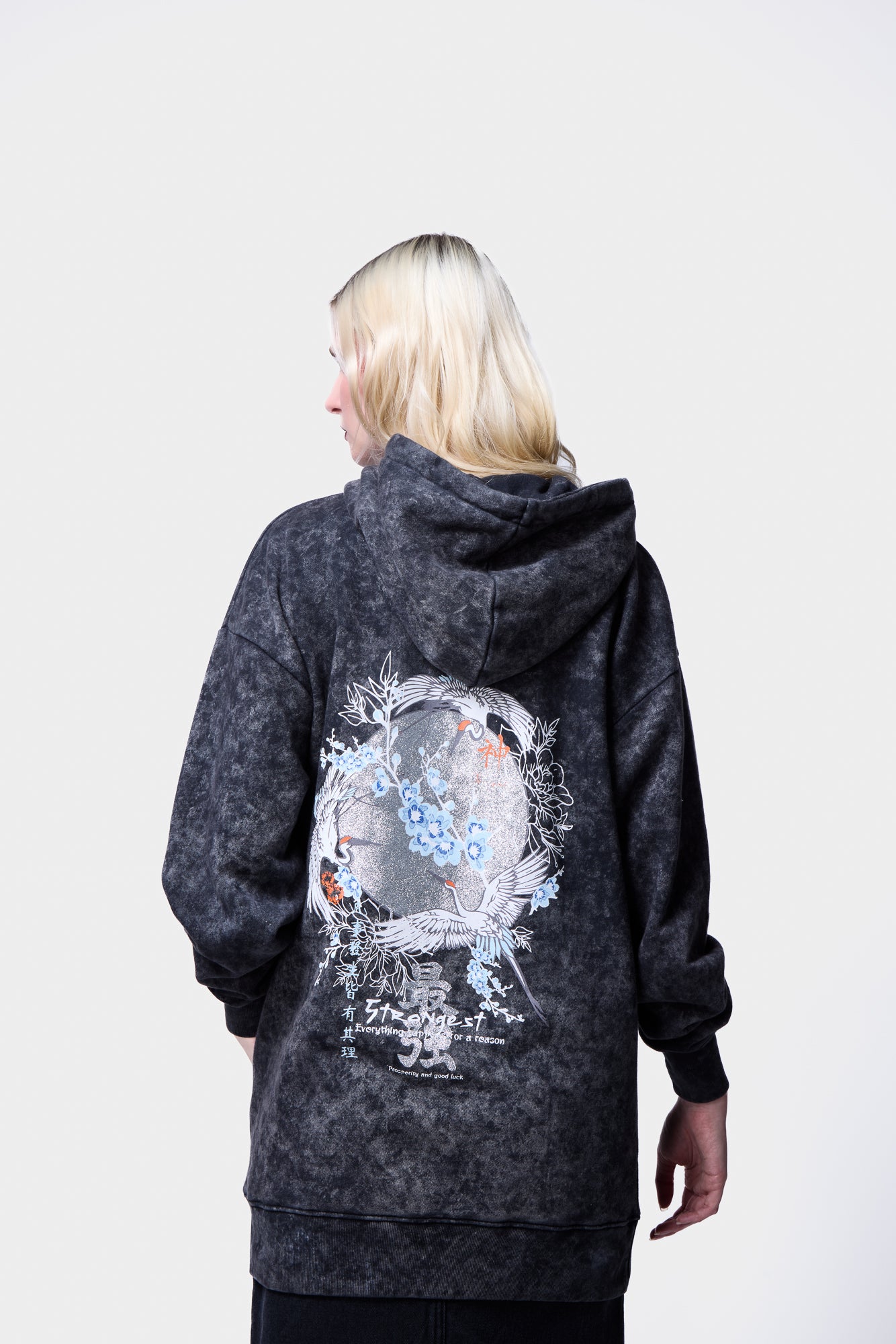 Moonlight Glitter Crane Birds Acid Wash Pullover Hoodie SILKROAD DAUGHTERS