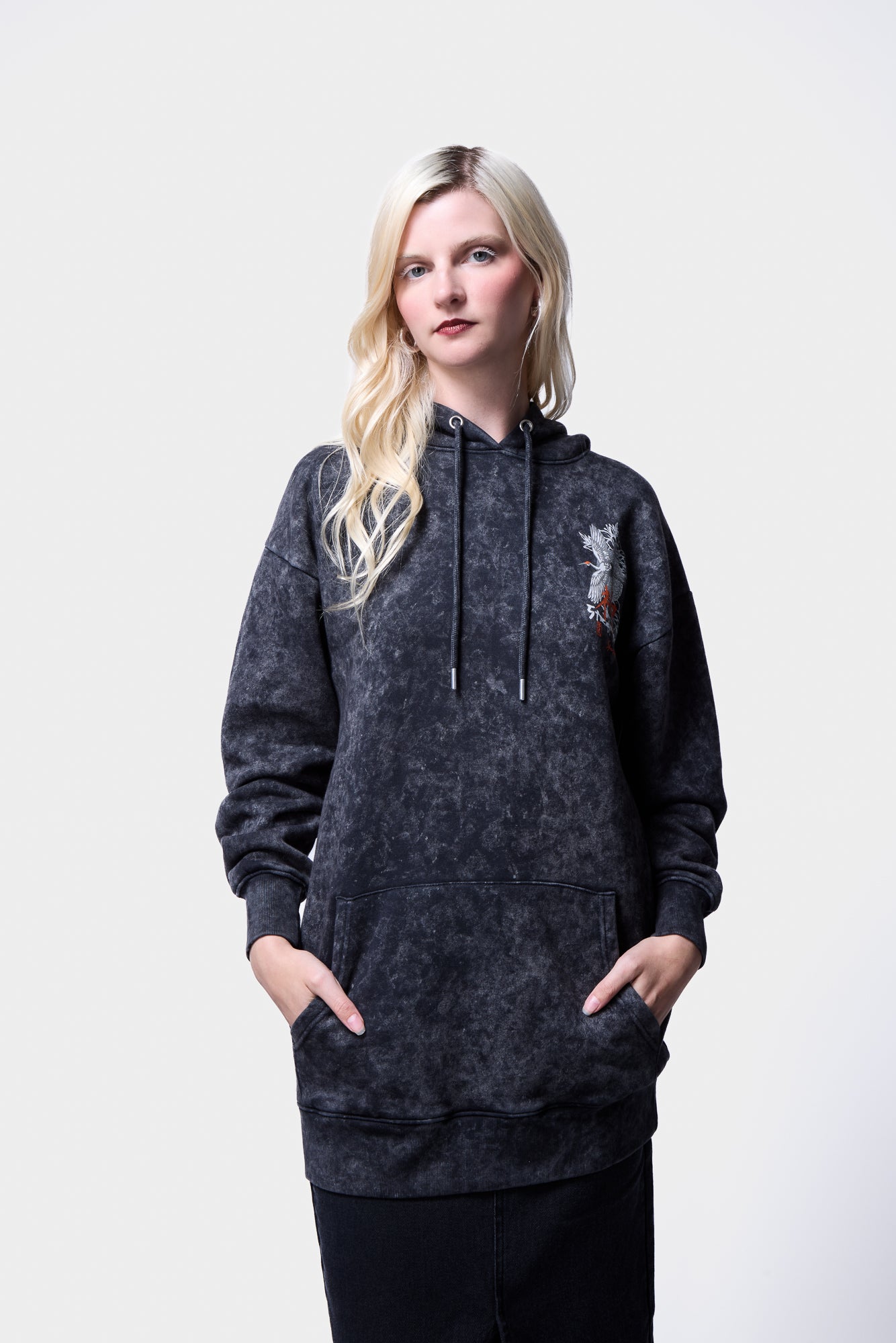 Moonlight Glitter Crane Birds Acid Wash Pullover Hoodie SILKROAD DAUGHTERS