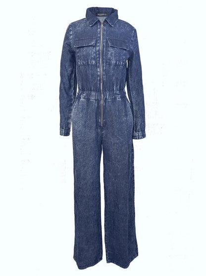 Denim Jumpsuit Long Sleeve With Front Zipper