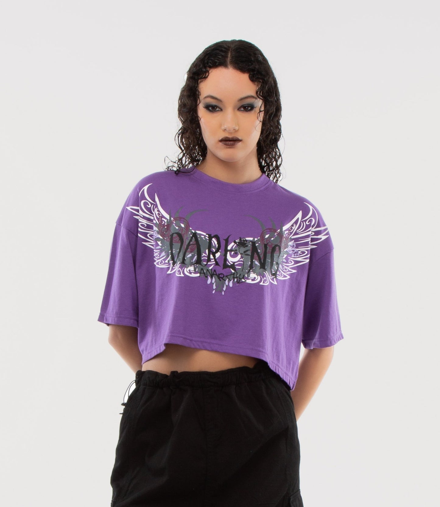 Purple Darling Tattoo Printed Drop Shoulder Cropped Oversized Tee