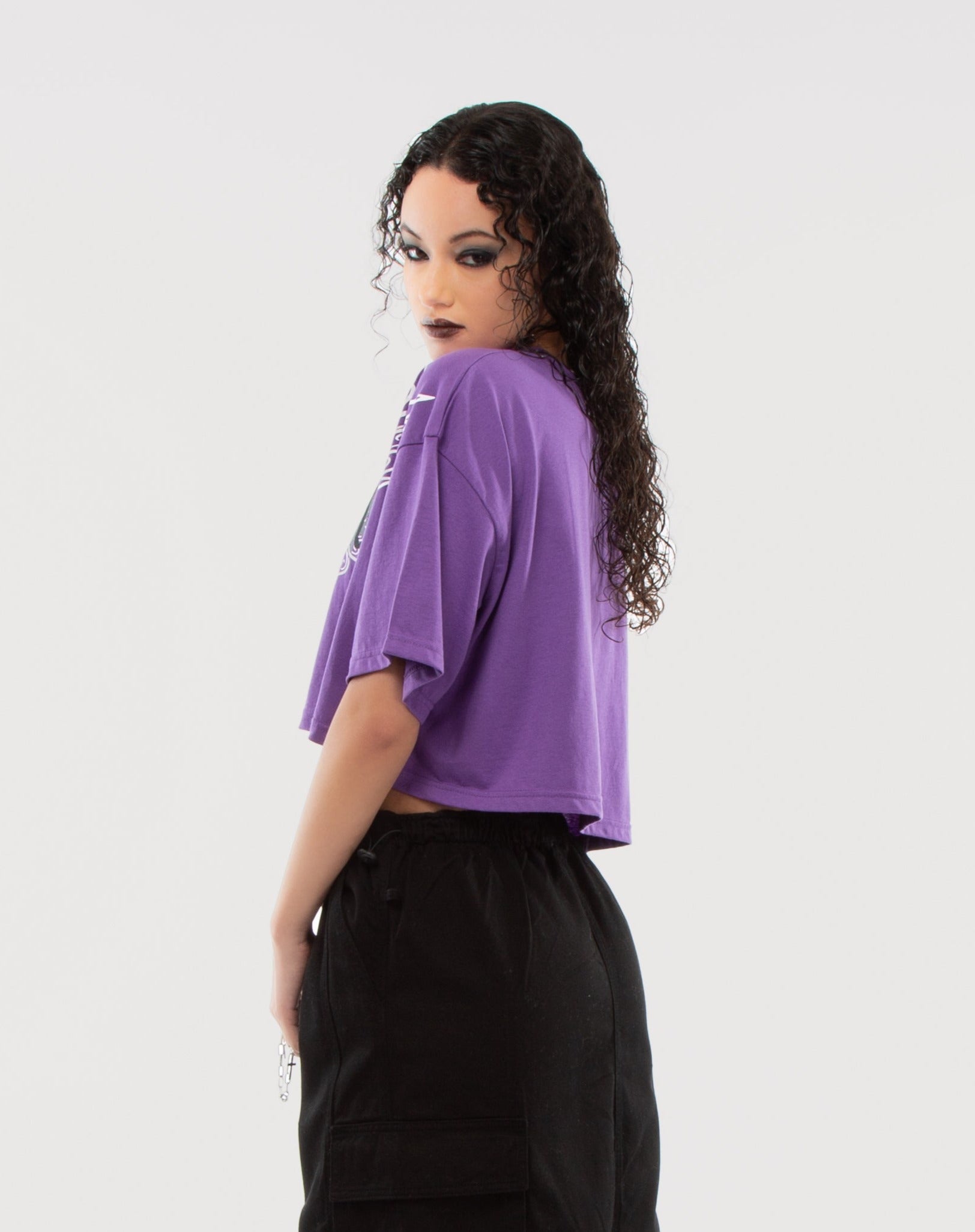 Purple Darling Tattoo Printed Drop Shoulder Cropped Oversized Tee