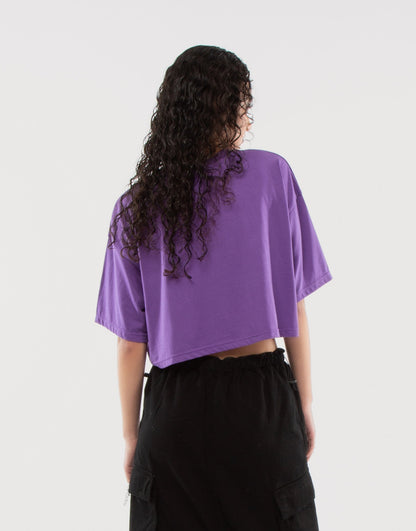 Purple Darling Tattoo Printed Drop Shoulder Cropped Oversized Tee