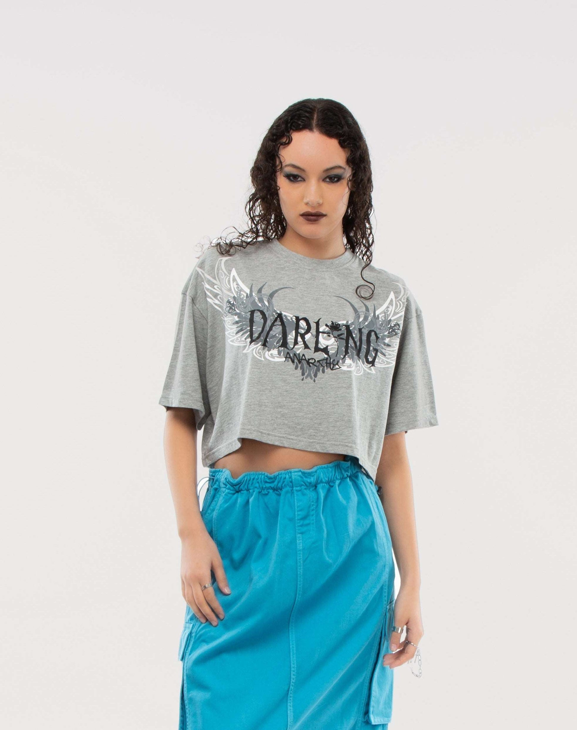 Grey Darling Tattoo Printed Drop Shoulder Cropped Oversized Tee