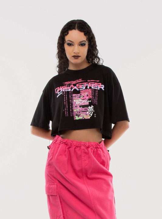 Black Disaster Printed Drop Shoulder Cropped Tee