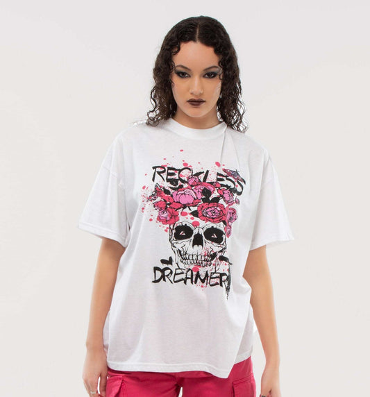 White Reckless Dreamer Print Oversized Tee