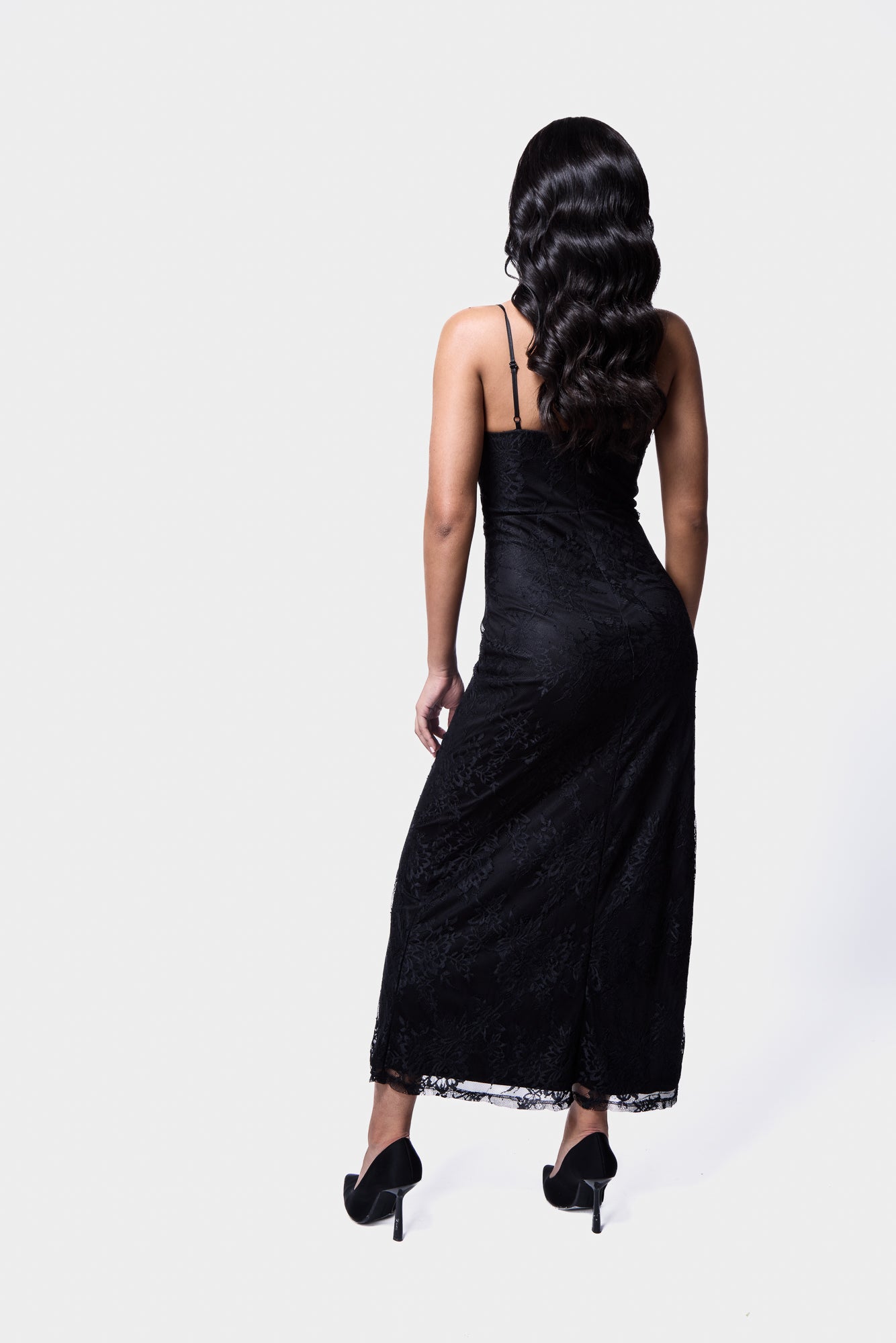 Lace midi slip dress in classic black with a flattering, fitted shape