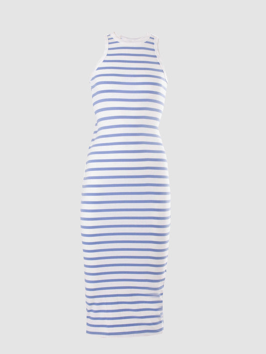 Hydrangea and White Basic Stripe Rib Racer Midi Dress