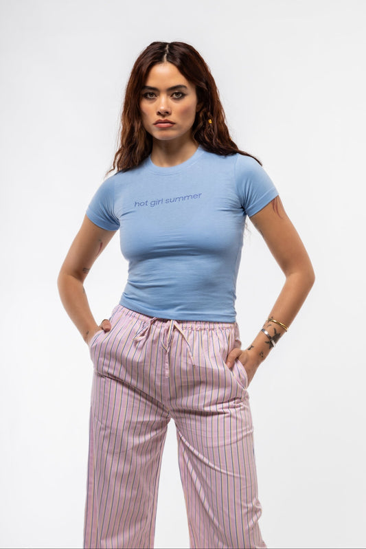 Close-up front image of rhinestone tee highlighting “Hot Girl Summer” phrase with dazzling rhinestone embellishments

