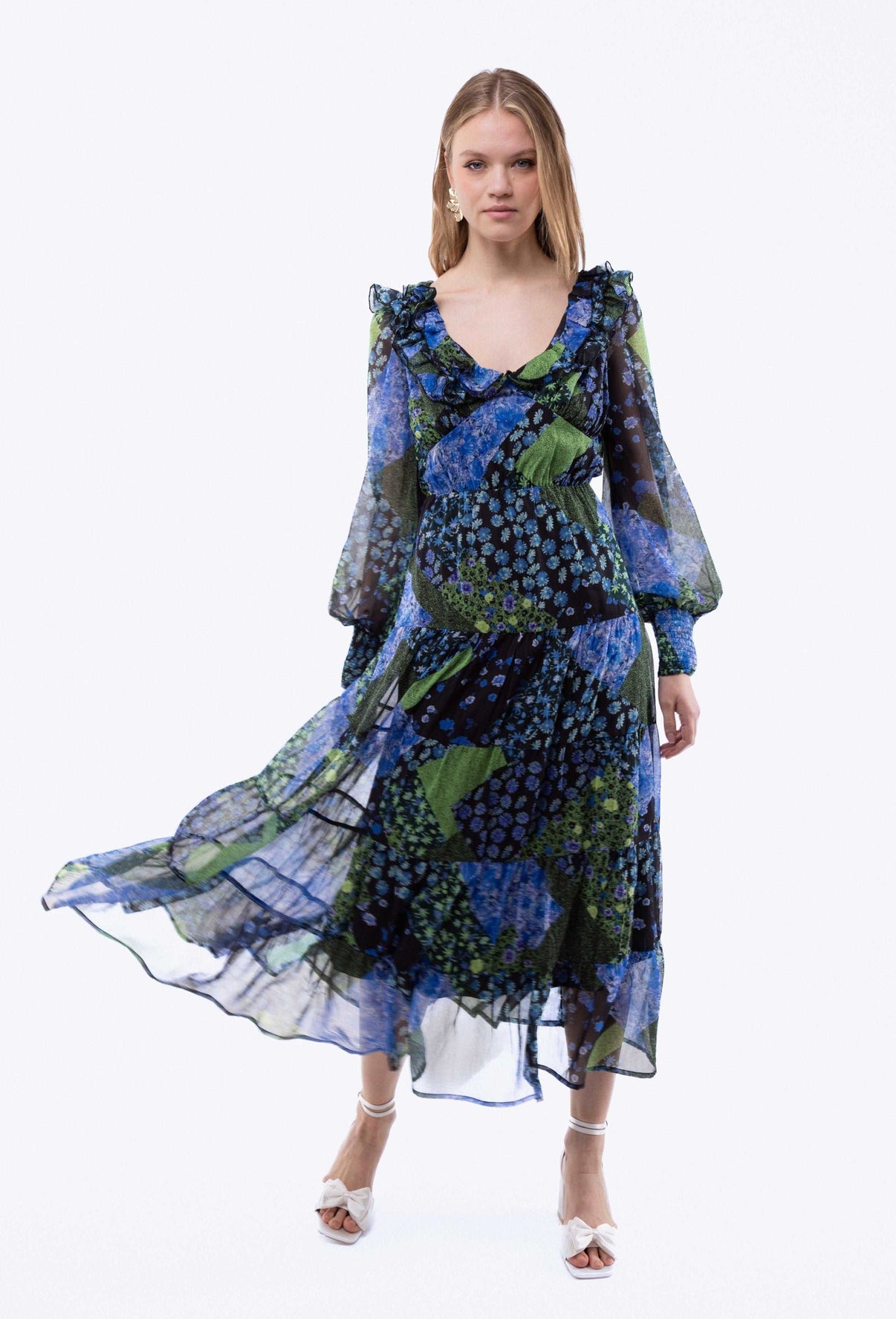 Plaid Balloon Sleeve Tiered Midi Dress