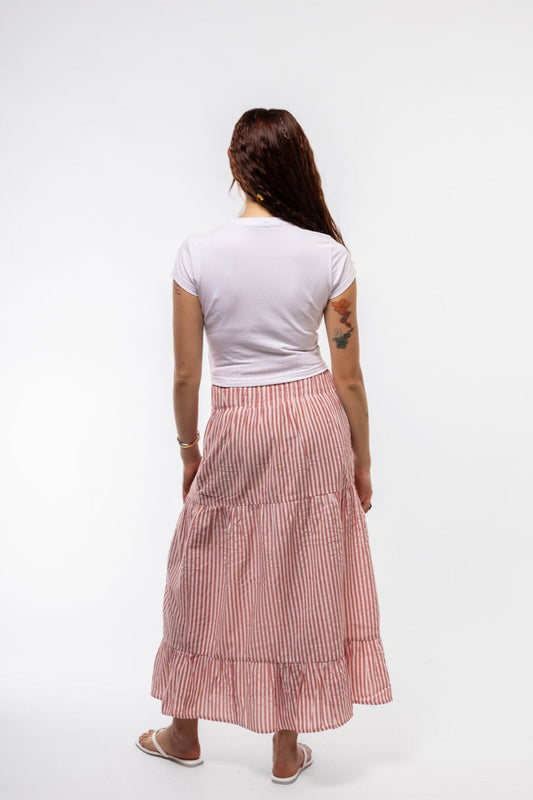 Midi SKIRT in red stripe pattern – back view with relaxed drape

