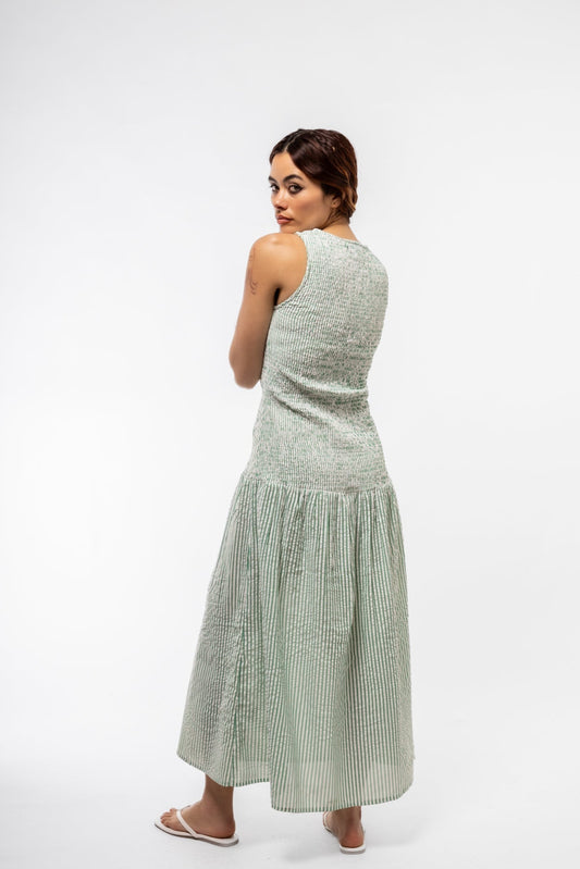 Mint green midi dress with ruched bodice and relaxed silhouette – BACK angle

