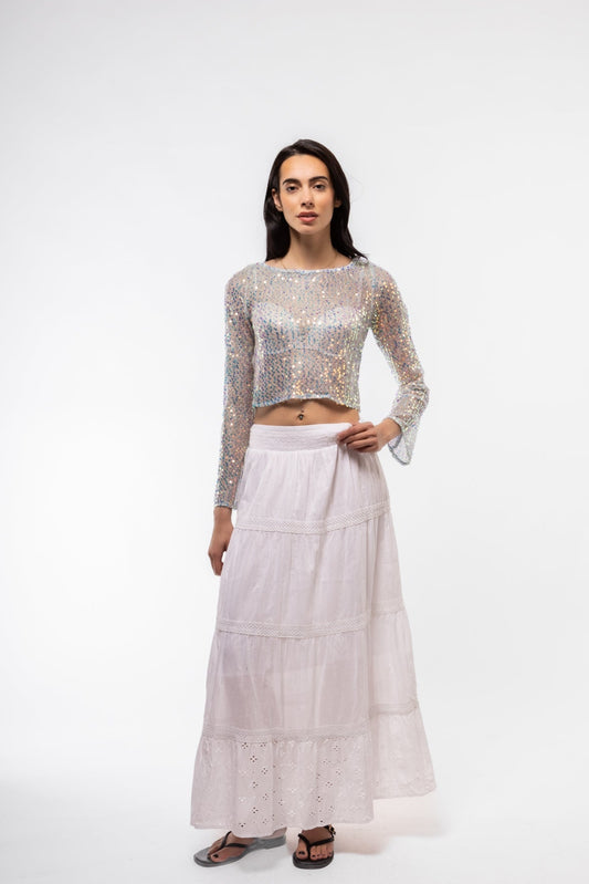 Model Front view of crochet knitted sequin top – boho glam style


