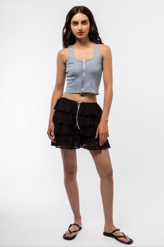 Stylish square neckline denim zip top front shot in medium wash denim fabric.

