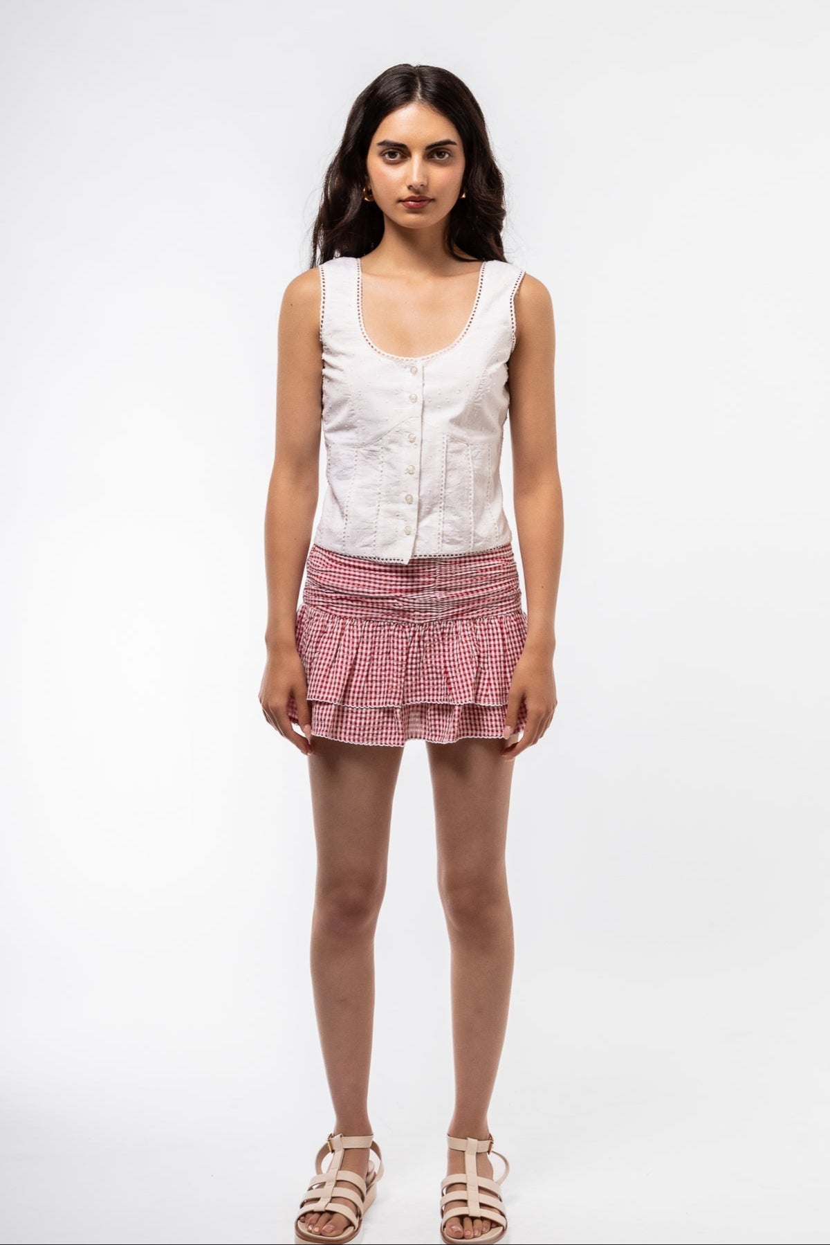Model Wearing RED Ruffle Mini Skirt – Straight-On View

