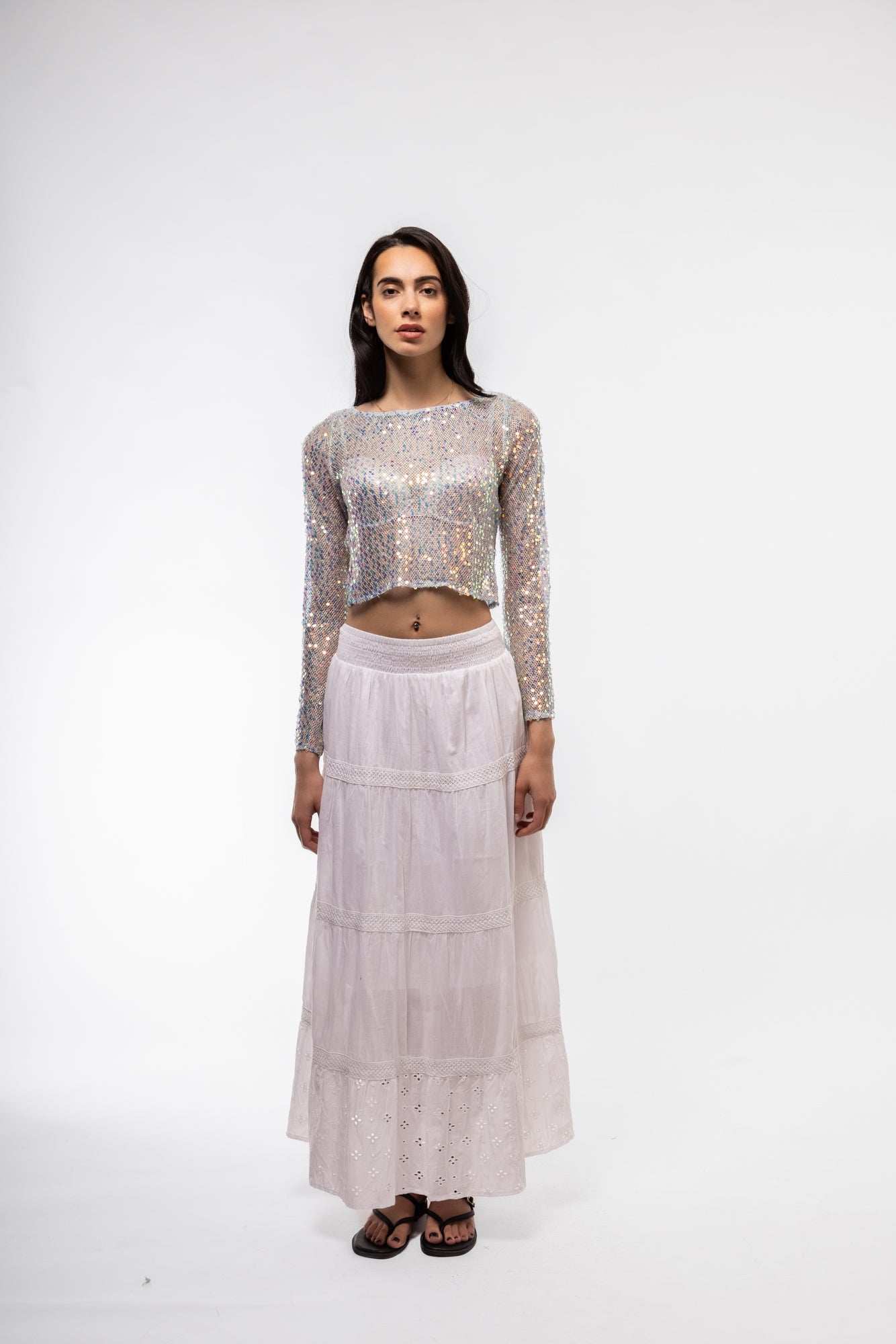 Front view of crochet knitted sequin top – boho glam style

