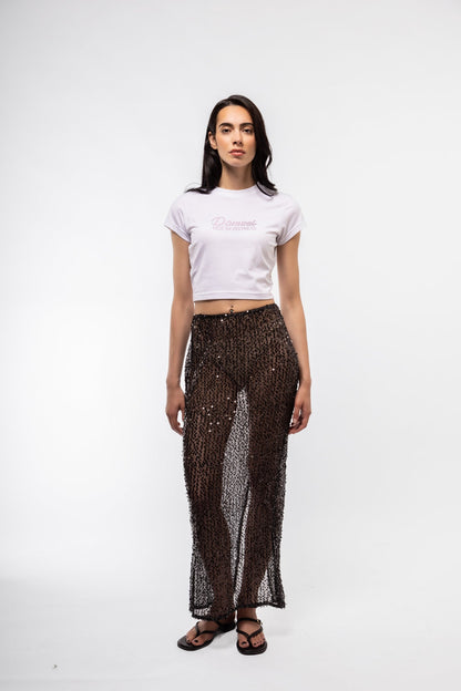Front view of sequin knitted midi skirt – shimmering and textured

