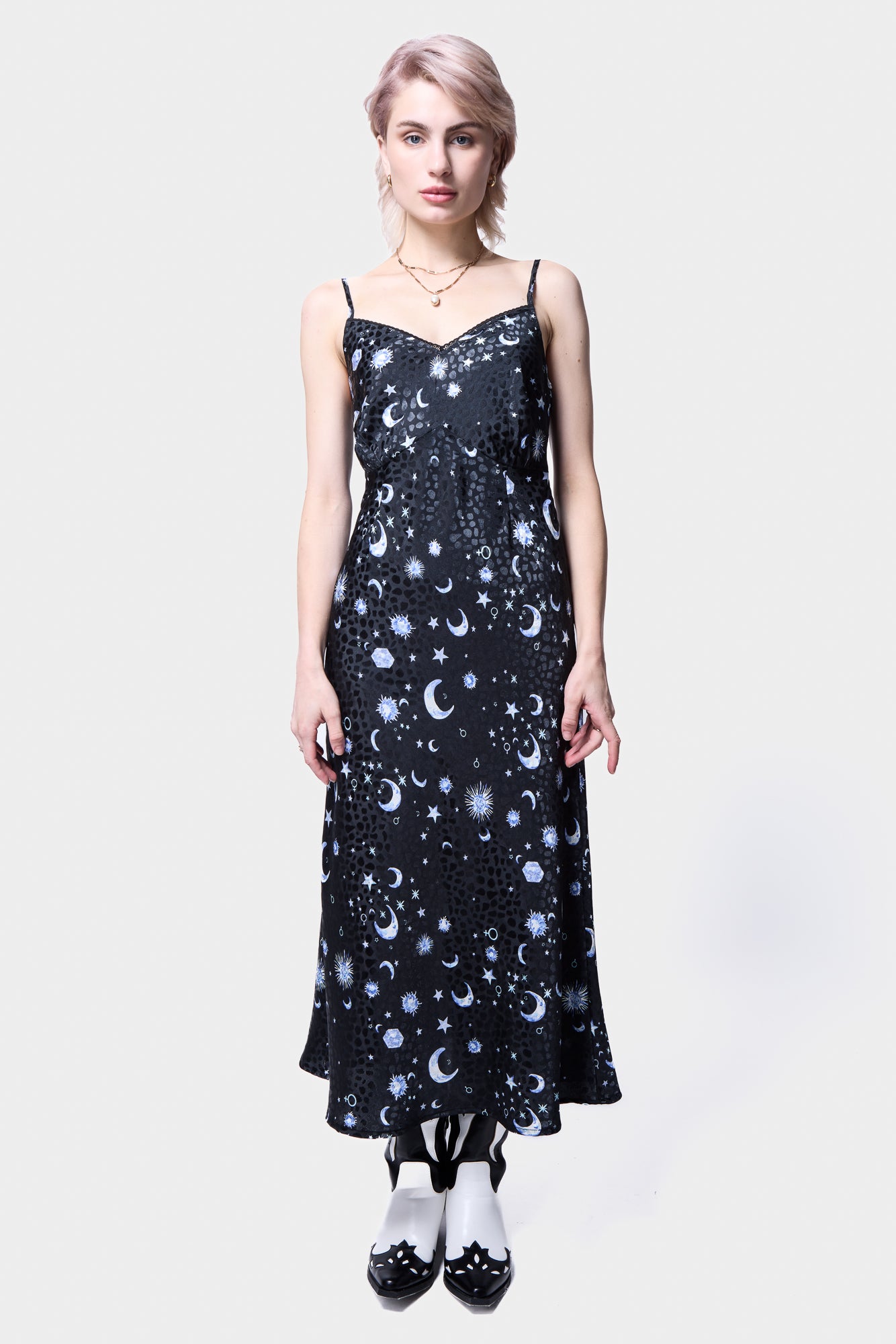 Moon Printed Satin Long Slip Dress
