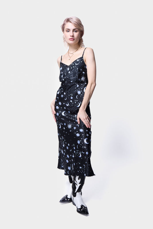 Moon Printed Satin Long Slip Dress