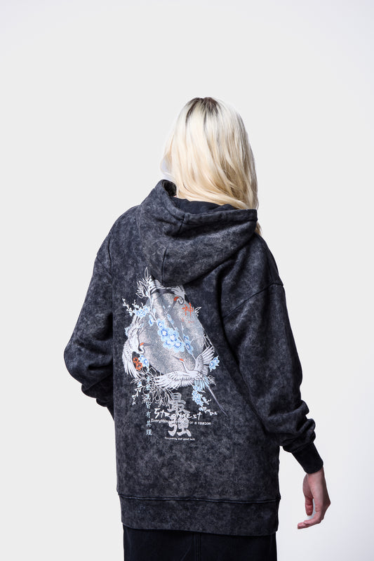 Moonlight Glitter Crane Birds Acid Wash Pullover Hoodie SILKROAD DAUGHTERS