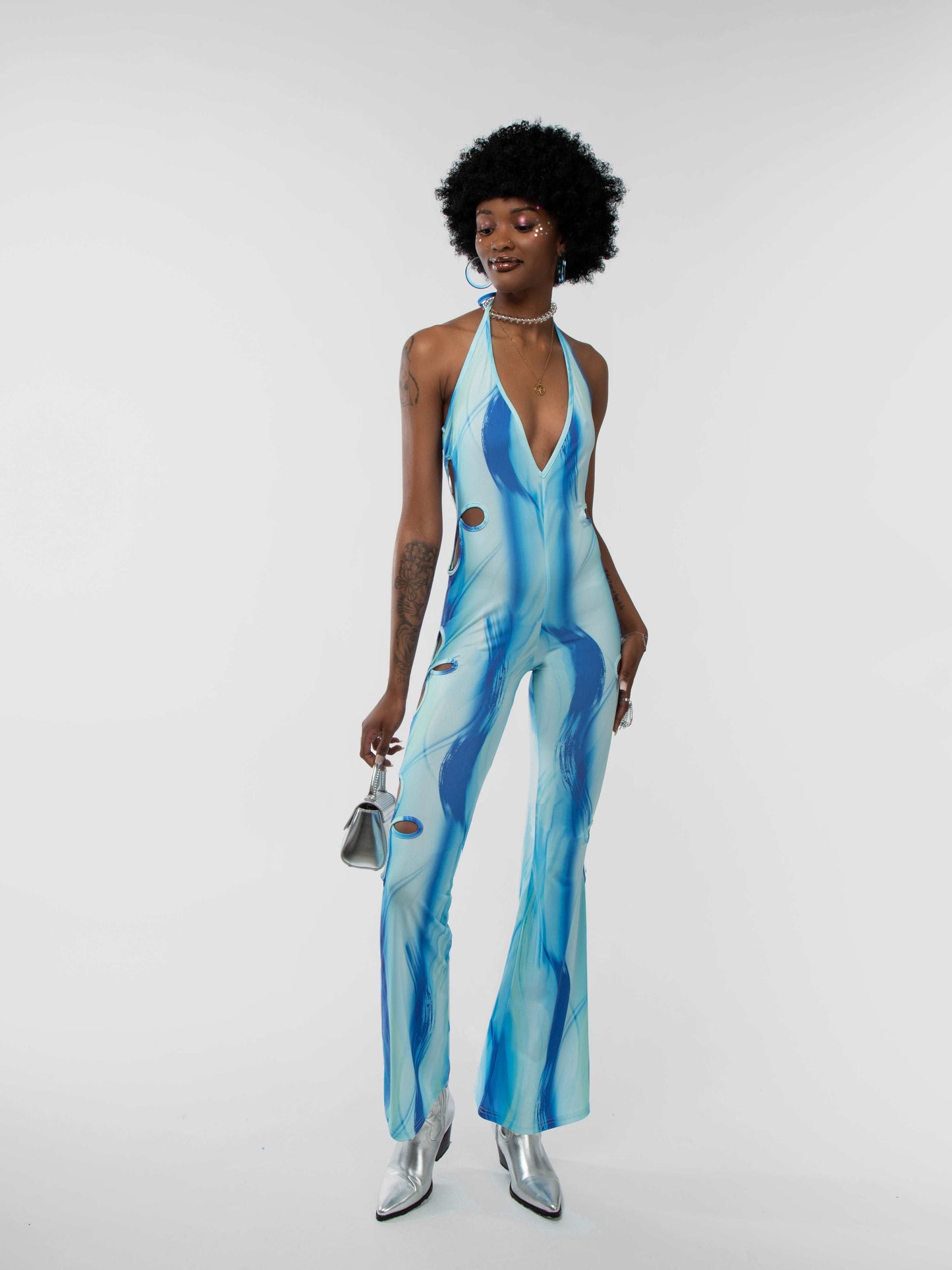 Ombre Blue Effect Flower Cut Out Halter-Neck Flared Jumpsuit