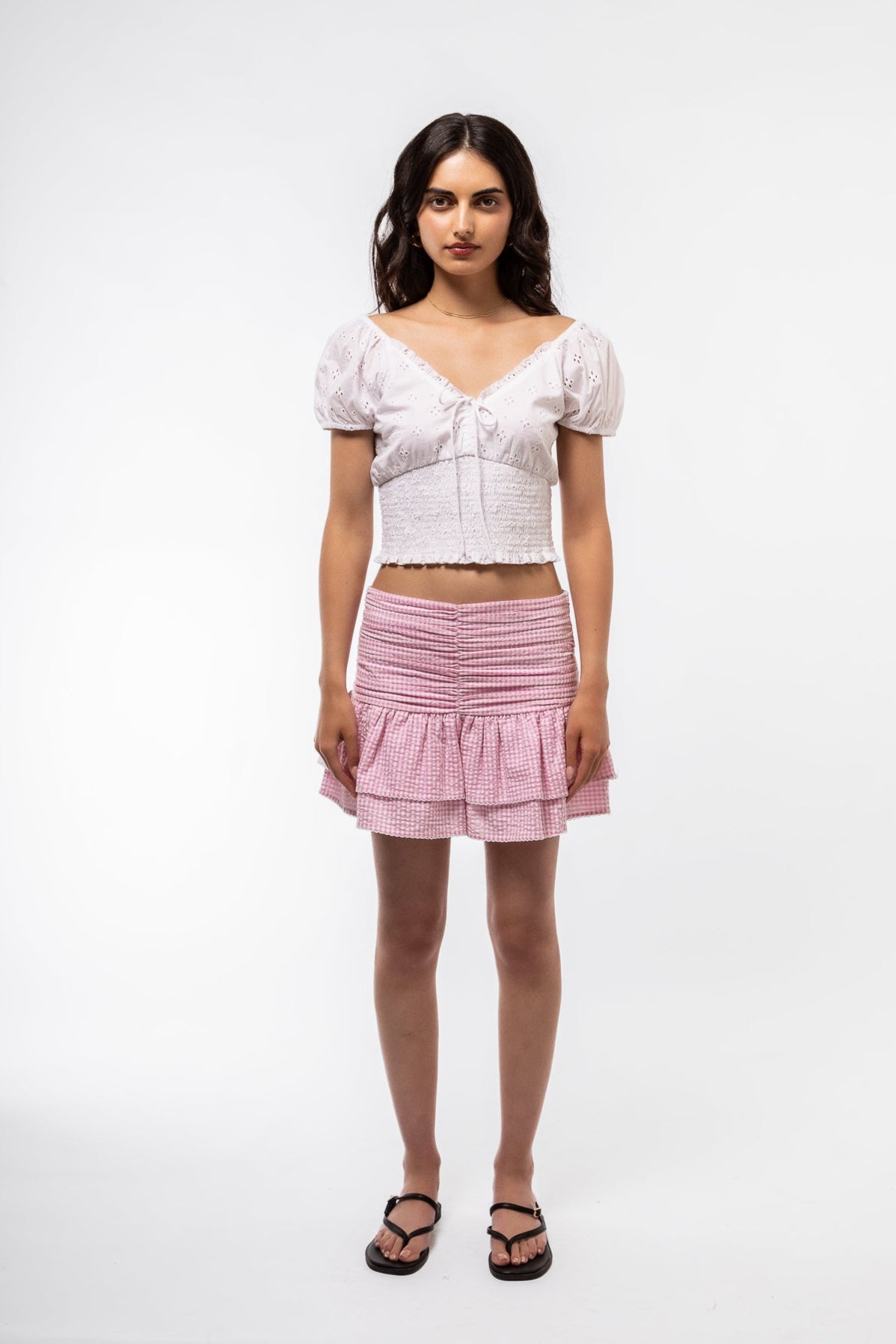 Pink Gingham Tiered Ruffle Mini Skirt – Front View

