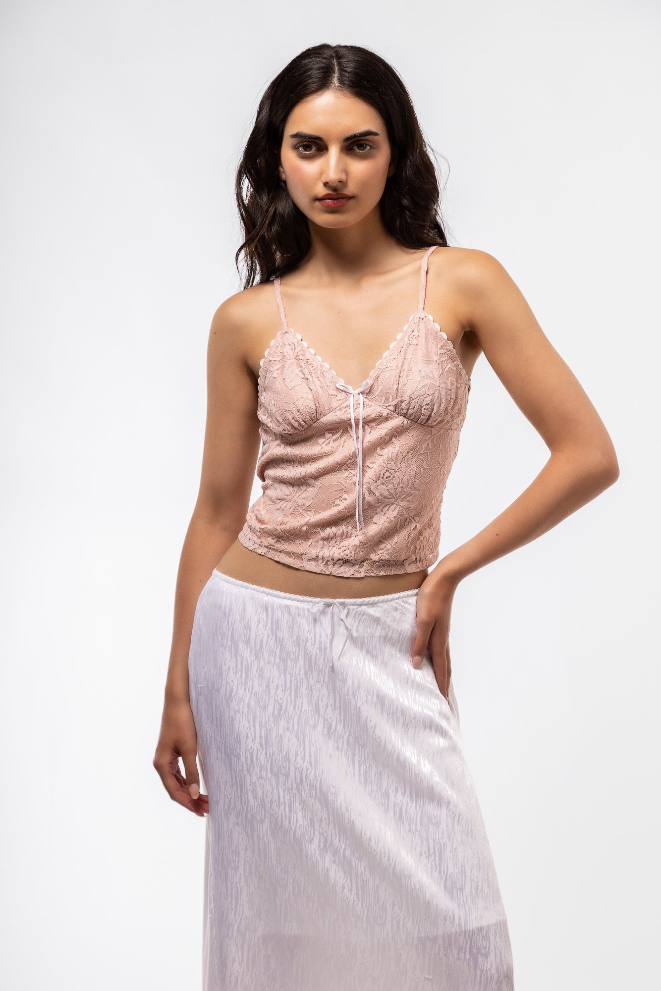 Pink Lace Camisole with Bow Detail – Front

