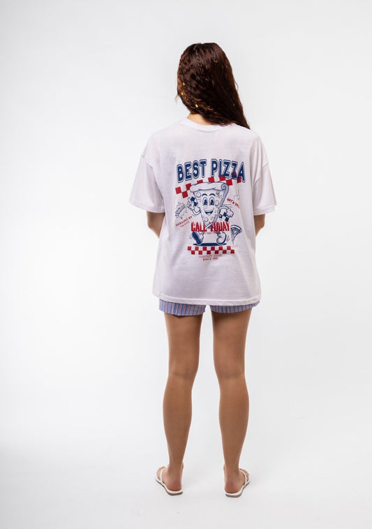 Rear image of oversized tee showcasing statement back print with pizza artwork and vibrant colors


