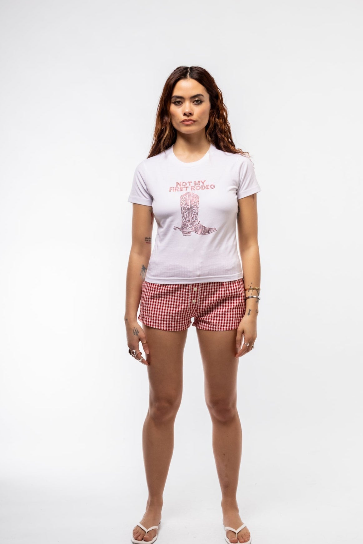 Red gingham boxer shorts with relaxed rear view

